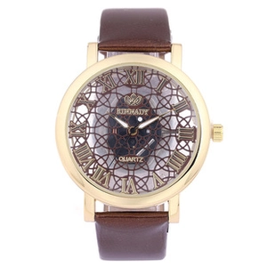 Detail of quartz watch with gold alloy case and Roman numerals on brown leather strap