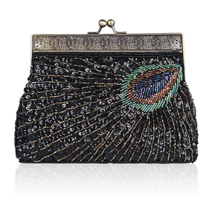 Black vintage beaded evening bag with colorful peacock feather embroidery and metal frame