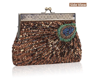 Side view of vintage beaded bronze evening clutch bag with elegant peacock feather pattern