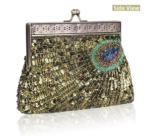 Side view of luxury beaded evening bag with vintage peacock feathers and sequins
