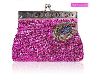 Detail of sequin evening bag featuring handmade peacock feather beadwork and bronze clasp