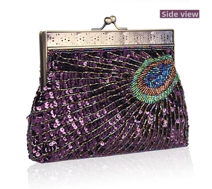 Side view of retro purple sequined clutch bag with peacock beadwork and bronze frame