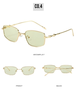 Multiple views of gold rectangle sunglasses with wavy temples and light green lenses