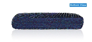 Macro detail of the hand-stitched bottom on a deep blue beaded evening clutch bag