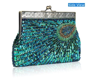 Detailed side view of vintage peacock beaded clutch bag with antique metal floral frame