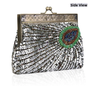 Side view of vintage beaded evening bag with silver sequins and peacock feather embroidery