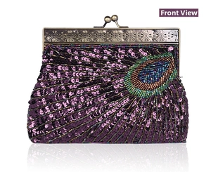 Detailed front view of a vintage beaded clutch with peacock feather pattern and sequins