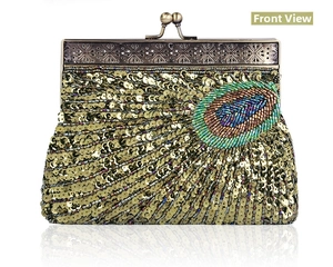 Detailed view of handmade beaded clutch with gold sequins and peacock feather pattern
