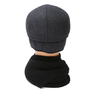 Men's wool winter cap with ear protection and matching black knit scarf set