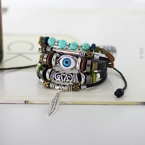 Bohemian multi-layer leather bracelet set with evil eye charm and silver feather pendant