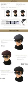 Detailed size guide for men's wool blend flat cap with ear flaps in three colors