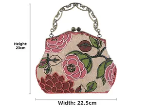 Detail view of handmade beaded floral linen bag with dimensions 23cm high and 22.5cm wide