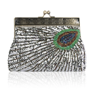Vintage handmade beaded evening clutch with peacock pattern and silver metal frame