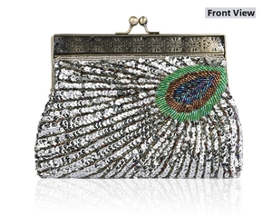 Detail of beaded peacock embroidery on vintage sequined evening bag with antique metal clasp