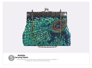 Detail of vintage evening bag showing green and blue peacock sequin embroidery and metal clasp