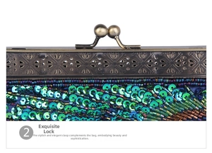 Detail of vintage copper clasp and intricate hand-beaded sequins on evening bag