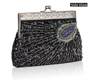 Side view of black sequined evening clutch bag with colorful bead peacock embroidery