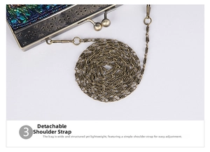 Detail of vintage beaded clutch showing bronze floral frame and detachable chain strap