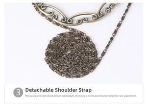 Close-up of vintage bronze chain and engraved floral metal handle for handbags
