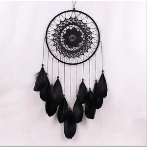 Handmade black dream catcher with lace flower pattern and goose feather wall hanging decor