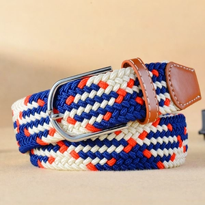 Braided elastic belt in blue, white and orange with brown leather trim and metal buckle