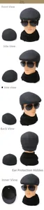 Detailed view of dark grey wool ivy cap featuring foldable ear flaps and inner lining