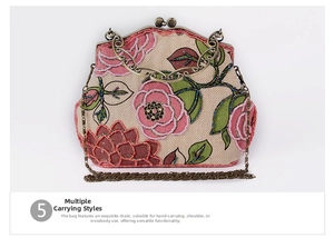 Detail of beaded floral embroidery on a vintage linen handbag with bronze metal clasp