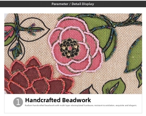 Detailed macro view of hand-beaded floral embroidery on vintage linen fabric