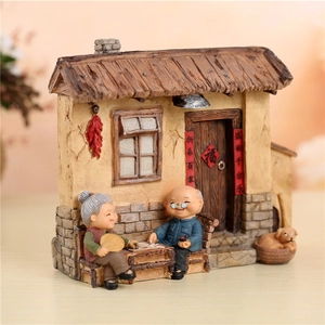 Traditional elderly couple resin figurine home decoration with dog and cottage scene