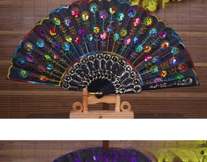 Detail of embroidered folding fans with sequins, hollow carved ribs on wooden display stands
