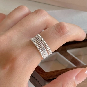 Multi Layer Ring 925 Sterling Silver Beaded Texture Minimalist Adjustable Opening For Women Fashion Jewelry