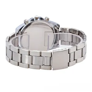 Detail view of the silver stainless steel watch back case and solid link bracelet