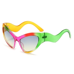 Rainbow cat eye sunglasses with unique wavy temples and colorful gradient transparent frames
