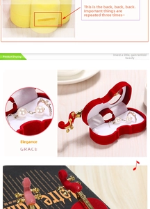 Detailed views of red violin-shaped velvet jewelry box with golden accents for earrings