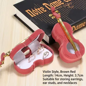 Brown velvet violin-shaped jewelry box for rings and necklaces, 14cm long size
