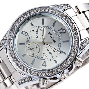 Silver Geneva steel watch with diamond bezel and three-eye quartz dial for women and men