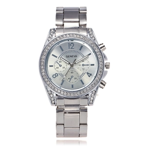 Silver Geneva women's steel watch with rhinestone bezel and three sub-dials display