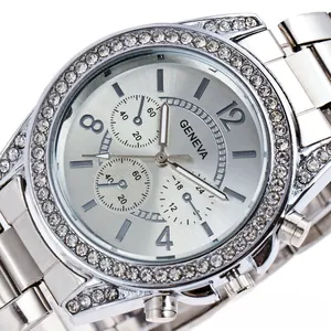 Close-up of Geneva silver quartz watch featuring a rhinestone bezel and three-eye dial