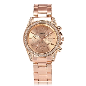 Luxury rose gold GENEVA quartz watch with rhinestone bezel and metal link strap