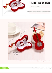 Detail view of red velvet violin jewelry box with 14cm length and soft white padding