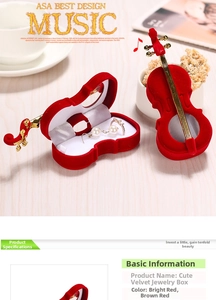 Close-up of red violin shaped jewelry box with soft velvet finish and golden stand