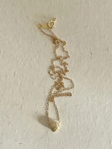 Close-up of a gold S925 sterling silver chain with a vertical striped pumpkin bead pendant