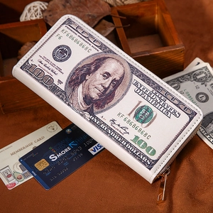 Detail of long wallet with vintage $100 bill pattern design and zipper closure