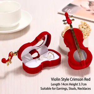 Creative red violin jewelry box for earrings and necklaces in soft velvet material