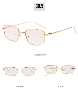 Detailed views of gold square sunglasses with pink gradient lenses and bamboo temples