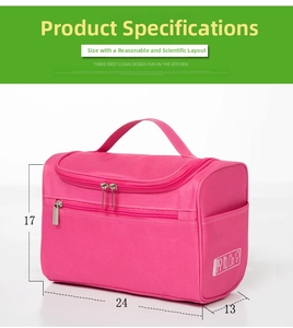Detailed view of pink camouflage toiletry bag with 24x13x17cm dimensions and handle