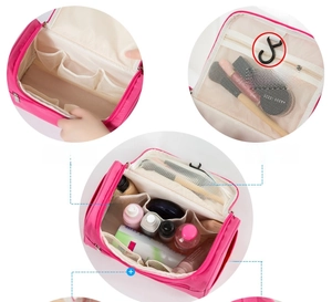 Pink waterproof travel toiletry bag with large capacity, mesh compartments and hook