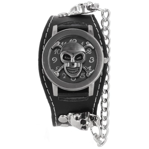 Close-up of black leather punk watch with metal skull relief and attached metal chain