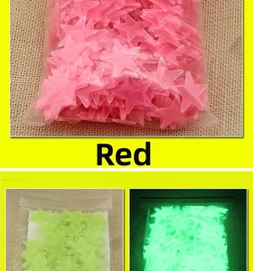Glow in the dark star stickers in pink and green shown in both daylight and night environments