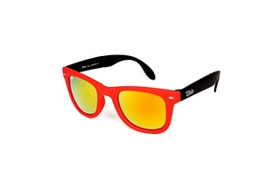 Detail of folding sunglasses with red frame, orange reflective lenses, and metal hinges